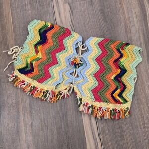 Handmade Vintage Baby Toddler Girls Crochet Poncho Shawl Coat Rainbow Hippie 70s